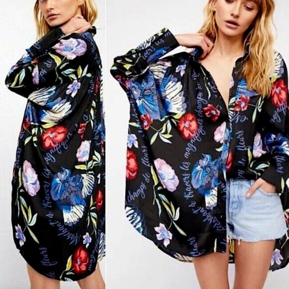 Free People Women's Black/Multi Floral Silky Nights Oversized Blouse Size XS/TP - Picture 1 of 12